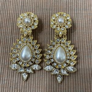 Scaasi Clip Earrings Pearl and Crystal Rhinestone GOLD Statement Vintage Prom